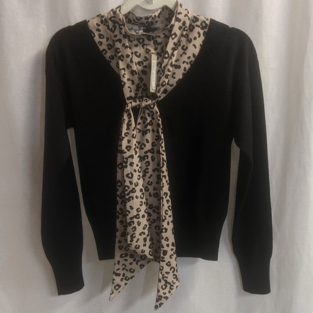 NWT River Island Size *8 (XS) Black Sweater w/ Leopard Dickie and Attached Scarf